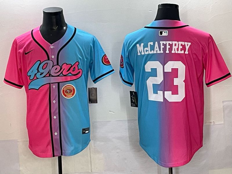Men 2025 San Francisco 49ers #23 Mccaffrey Blue pink Nike Limited NFL Jersey style 013